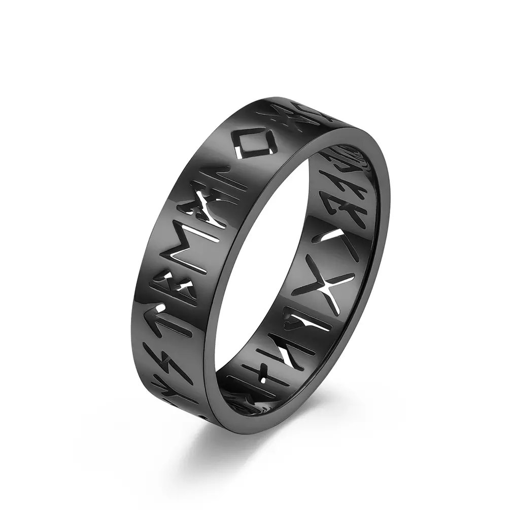 Nordisk Viking Ring Runskrift Svart Modern Design Smycke