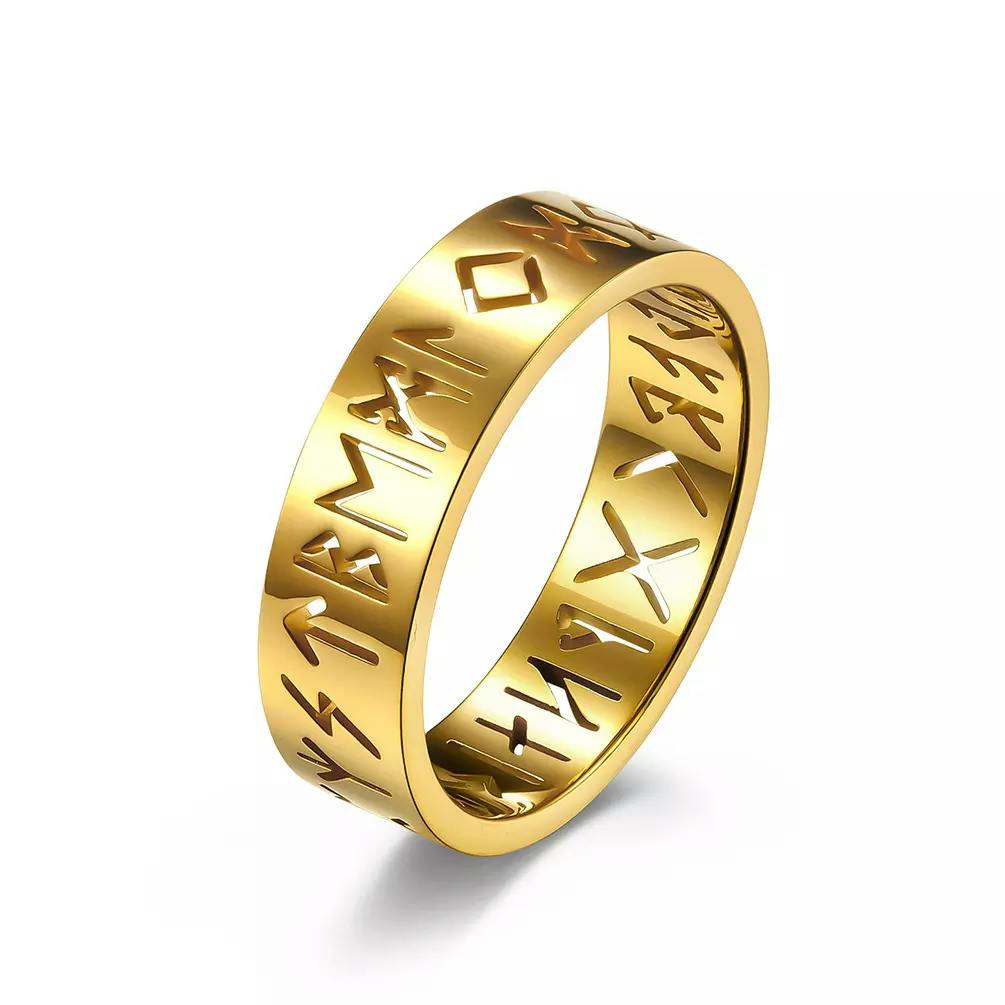 Nordisk Viking Ring Runskrift Guld Modern Design Smycke