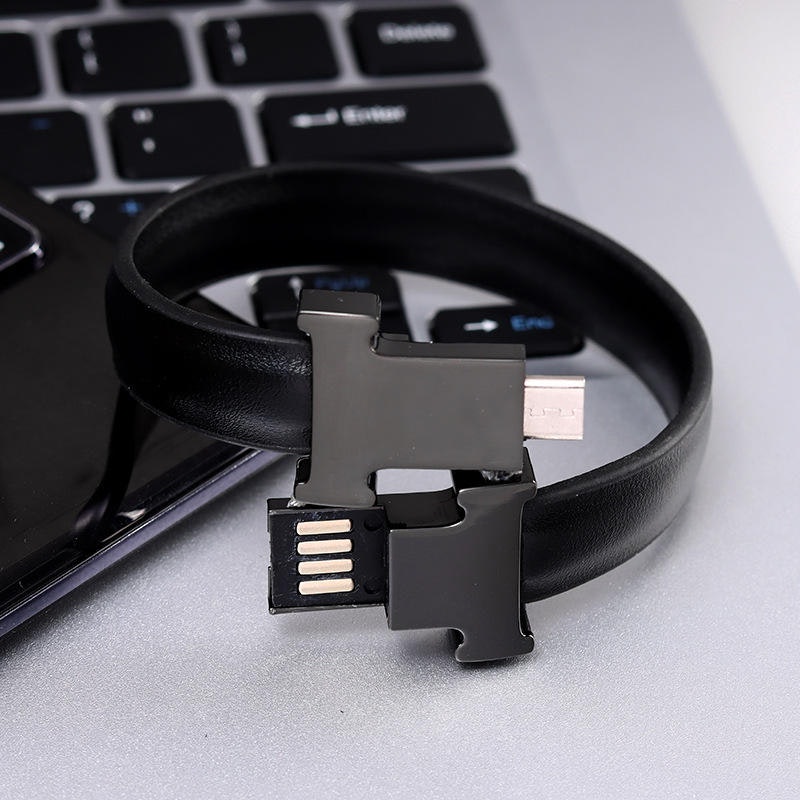 Laddkabel Armband USB 2.0 Type-C till USB Läder Svart