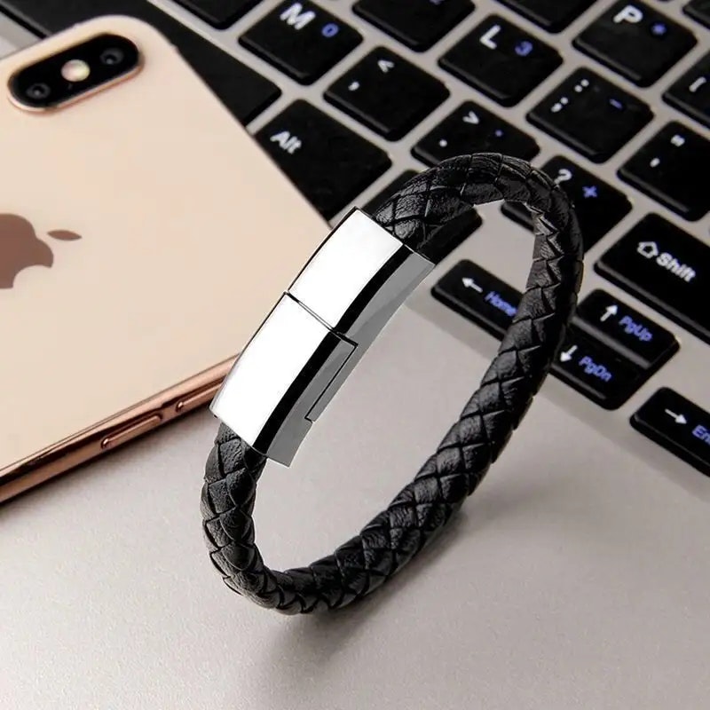 Laddkabel Armband USB 2.0 till Iphone Läder Svart