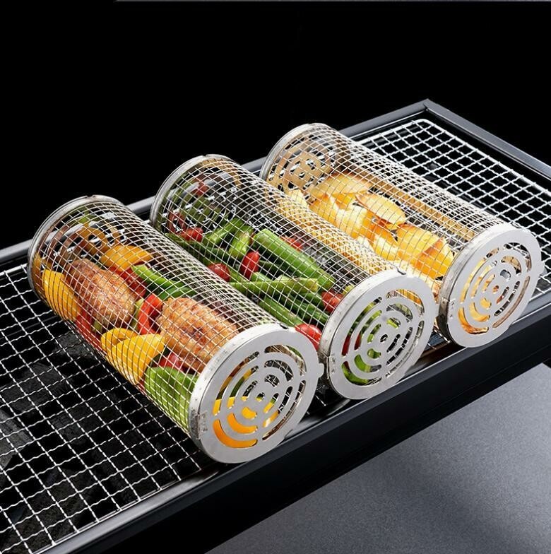 2-Pack Grillkorg i Rostfritt,2 Krok o 2 Gafflar . Rullgrill