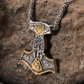 Thors hammer 3 symbol sølv/gull farget