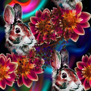 Kanin och stora blommor