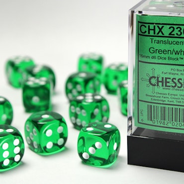 Tärningar - Translucent 16mm d6 Green/white Dice Block (12 dice)