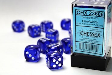 Tärningar - Translucent 16mm d6 Blue/white Dice Block (12 dice)