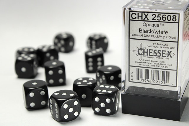 Tärningar - Opaque 16mm d6 Black/white Dice Block (12 dice)