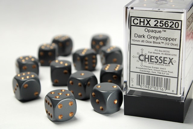 Tärningar - Opaque 16mm d6 Dark Grey/copper Dice Block (12 dice)