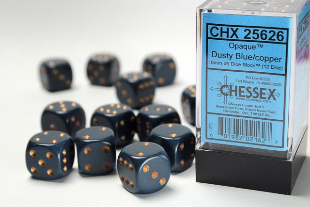 Tärningar - Opaque 16mm d6 Dusty Blue/copper Dice Block (12 dice)