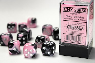 Tärningar - Gemini 16mm d6 Black-Pink/white Dice Block (12 dice)