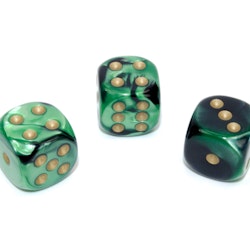 Tärningar - Gemini® 16mm d6 Black-Green/gold Dice Block™ (12 dice)