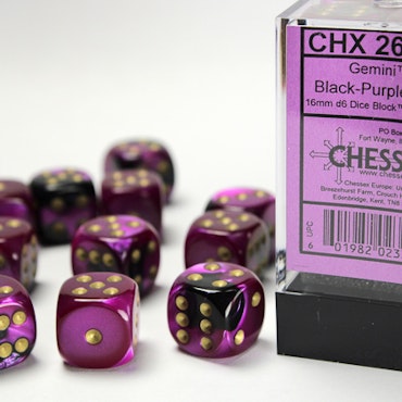 Tärningar - Gemini® 16mm d6 Black-Purple/gold Dice Block™ (12 dice)