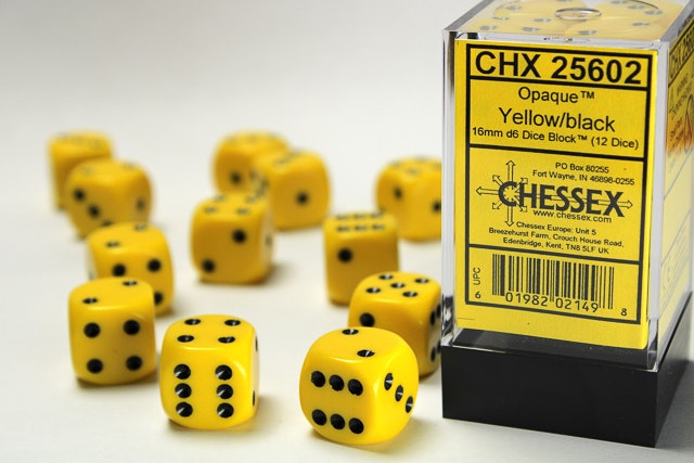 Tärningar - Opaque 16mm d6 Yellow/black Dice Block™ (12 dice)