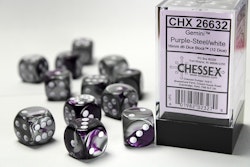 Tärningar - Gemini 16mm d6 Purple-Steel/white Dice Block (12 dice)