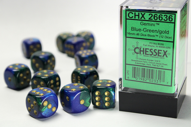 Tärningar - Gemini 16mm d6 Blue-Green/gold 16mm d6 Dice Block (12 dice)