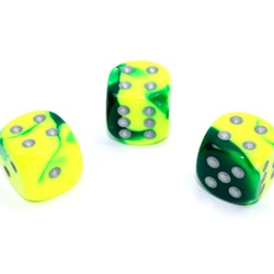 Tärningar - Gemini Green-Yellow/silver 16mm d6 Dice Block (12 dice)