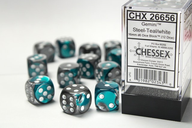 Tärningar - Gemini 16mm d6 Steel-Teal-white Dice Block (12 dice)