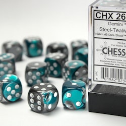 Tärningar - Gemini 16mm d6 Steel-Teal/white Dice Block (12 dice)