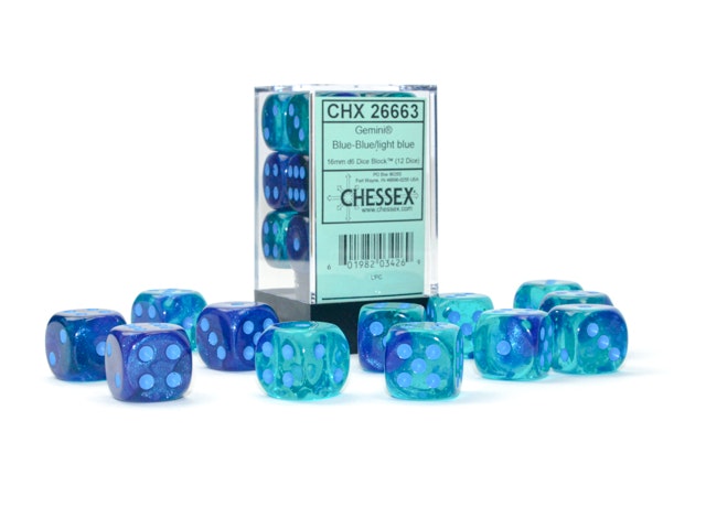 Tärningar - Gemini 16mm d6 Blue-Blue/light blue Luminary Dice Block (12 dice)