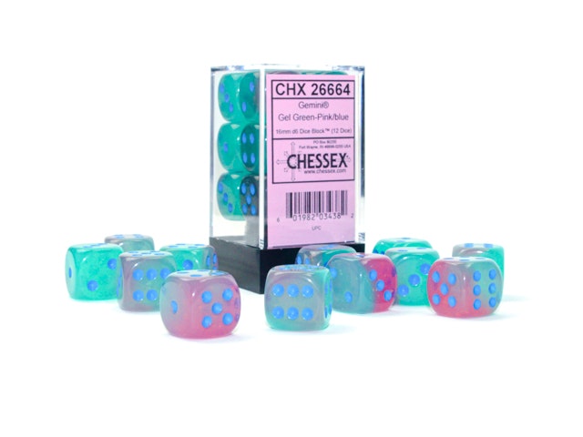 Tärningar - Gemini 16mm d6 Gel Green-Pink/blue Luminary Dice Block (12 dice)