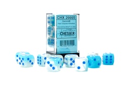 Tärningar - Gemini 16mm d6 Pearl Turquoise-White/blue Luminary Dice Block (12 dice)