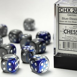 Tärningar - Gemini 16mm d6 Blue-Steel/white Dice Block (12 dice)