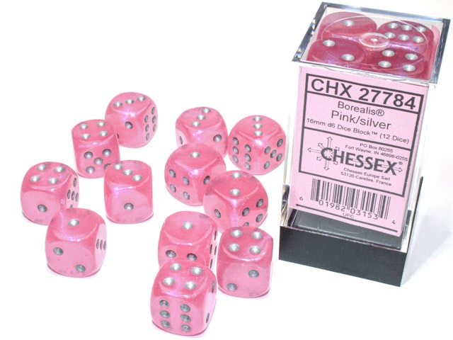 Tärningar - Borealis® 16mm d6 Pink/silver Luminary Dice Block™ (12 dice)