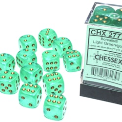 Tärningar - Borealis 16mm d6 Light Green/gold Luminary Dice Block (12 dice)