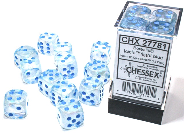 Tärningar - Borealis 16mm d6 Icicle/light blue Luminary Dice Block (12 dice)