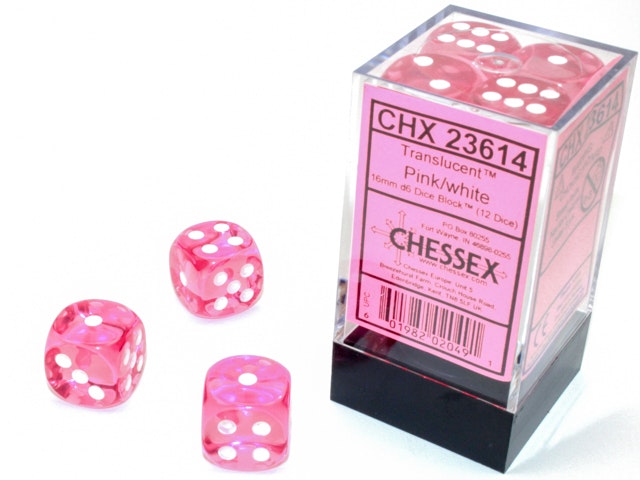 Tärningar - Translucent 16mm d6 Pink/white Dice Block (12 dice)