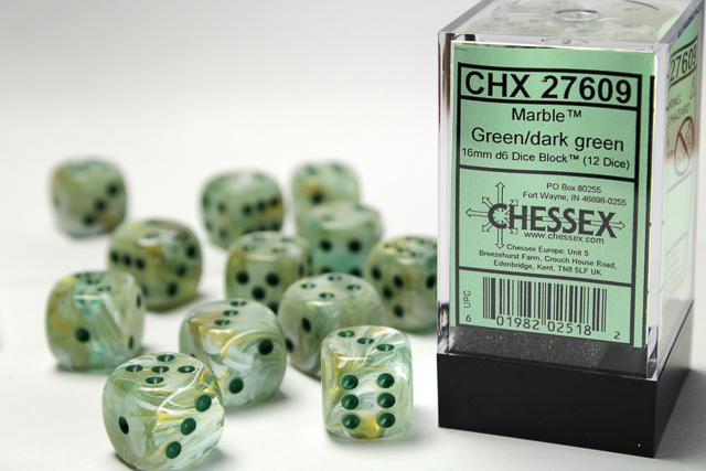Tärningar - Marble 16mm d6 Green/dark green Dice Block (12 dice)