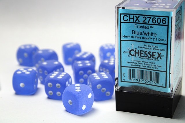 Tärningar - Frosted 16mm d6 Blue/white Dice Block (12 dice)