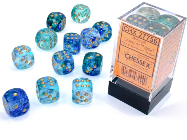 Tärningar - Nebula d6 Dice Oceanic/gold Luminary 16mm Block (12 dice)