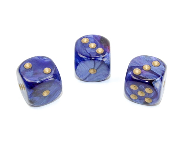 Tärningar i en häftigt blå färgmix med guldiga prickar från Chessex