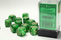 Tärningar - Vortex 16mm d6 Green/gold Dice Block (12 dice)