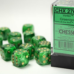 Tärningar - Vortex 16mm d6 Green/gold Dice Block (12 dice)