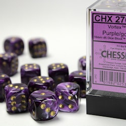 Tärningar - Vortex 16mm d6 Purple/gold Dice Block (12 dice)