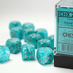 Tärningar - Cirrus 16mm d6 Aqua/silver Dice Block (12 dice)