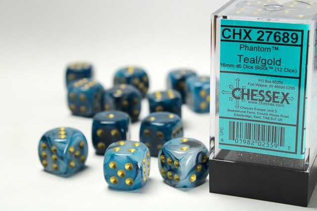 Tärningar - Phantom 16mm d6 Teal/gold Dice Block (12 dice)