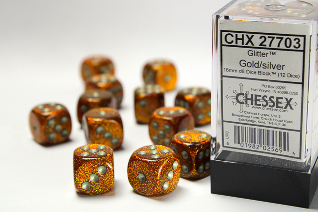Tärningar - Glitter 16mm d6 Gold/silver Dice Block (12 dice)