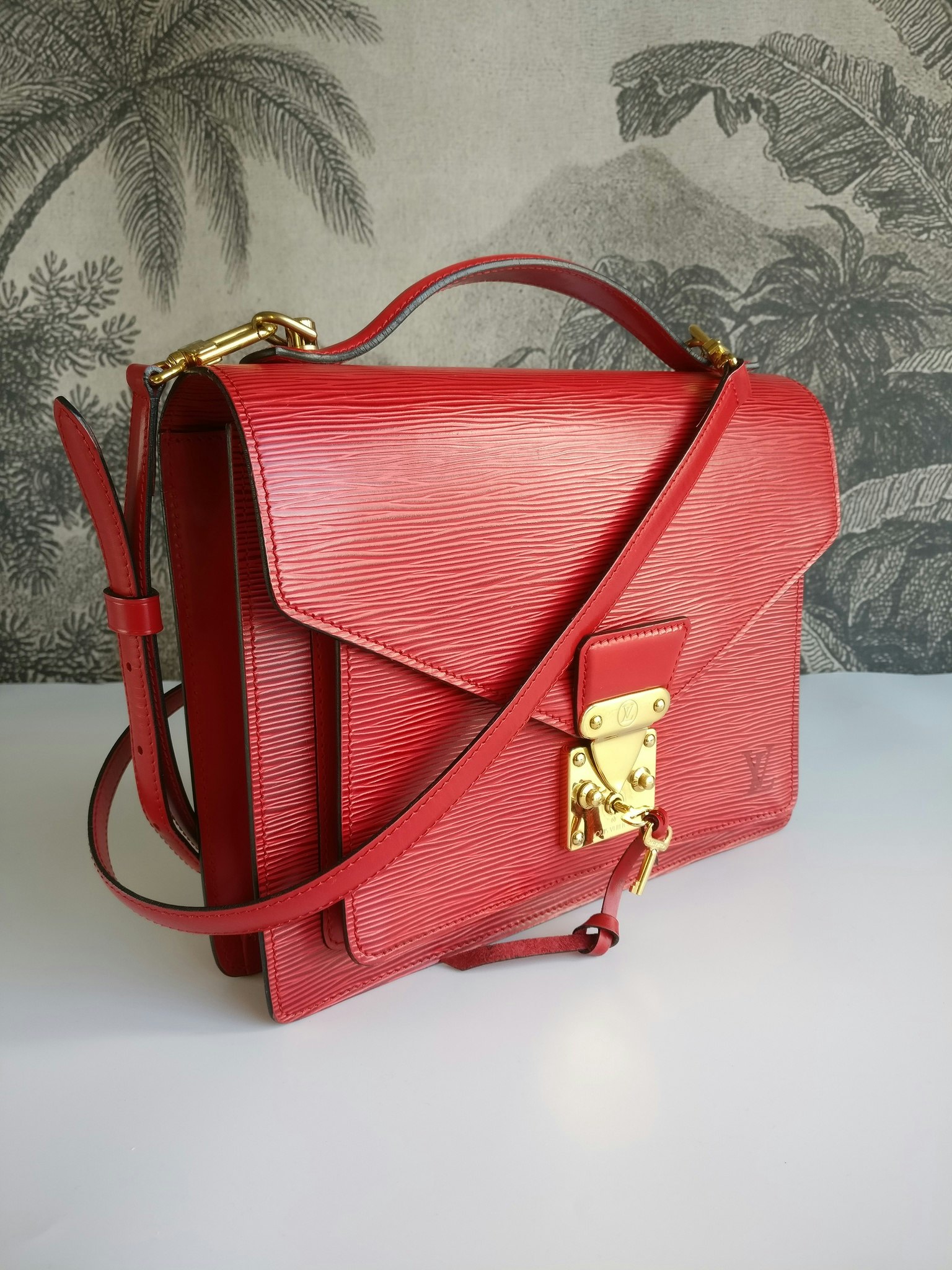 Louis Vuitton, Bags, Louis Vuitton Monceau Epi Handbag M5227 Red Leather  Lv Logo Engraved Women