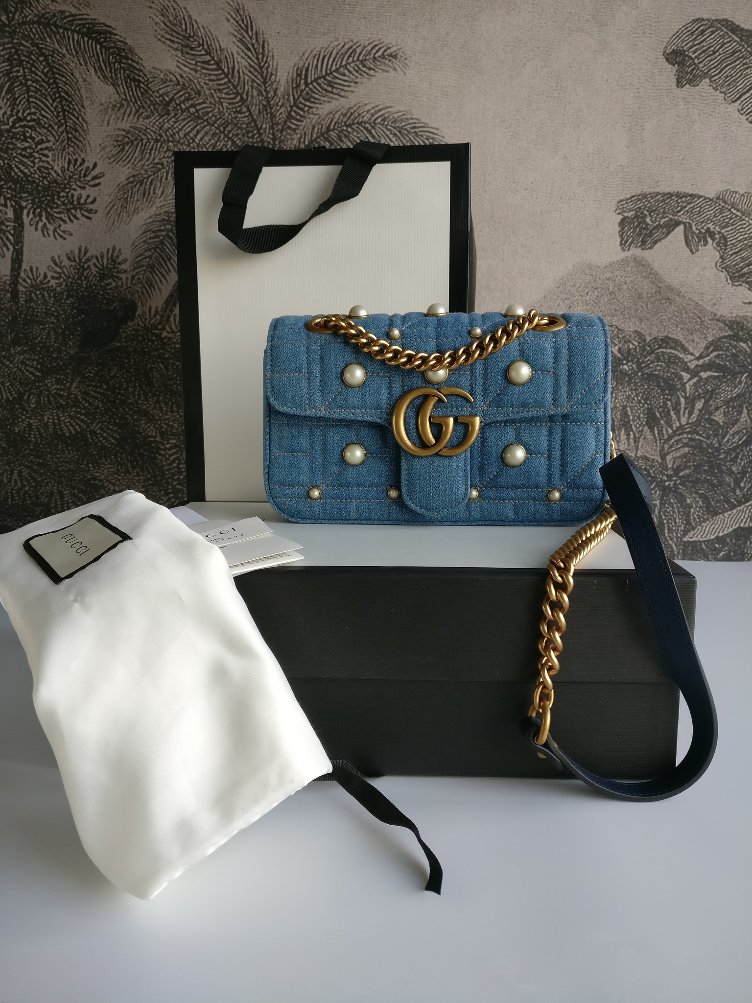 Gucci Matelasse Denim Pearl Studded Camera Bag, Luxury, Bags & Wallets on  Carousell