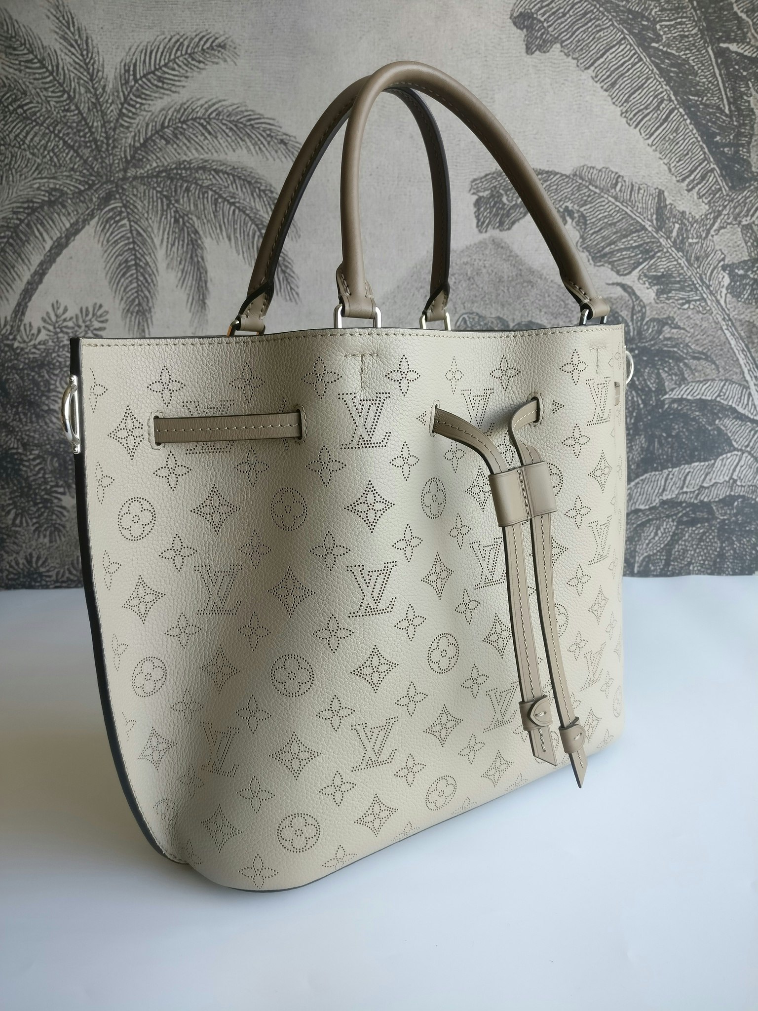 Authentic Louis Vuitton Galet Monogram Mahina Leather Girolata 2Way in Grey