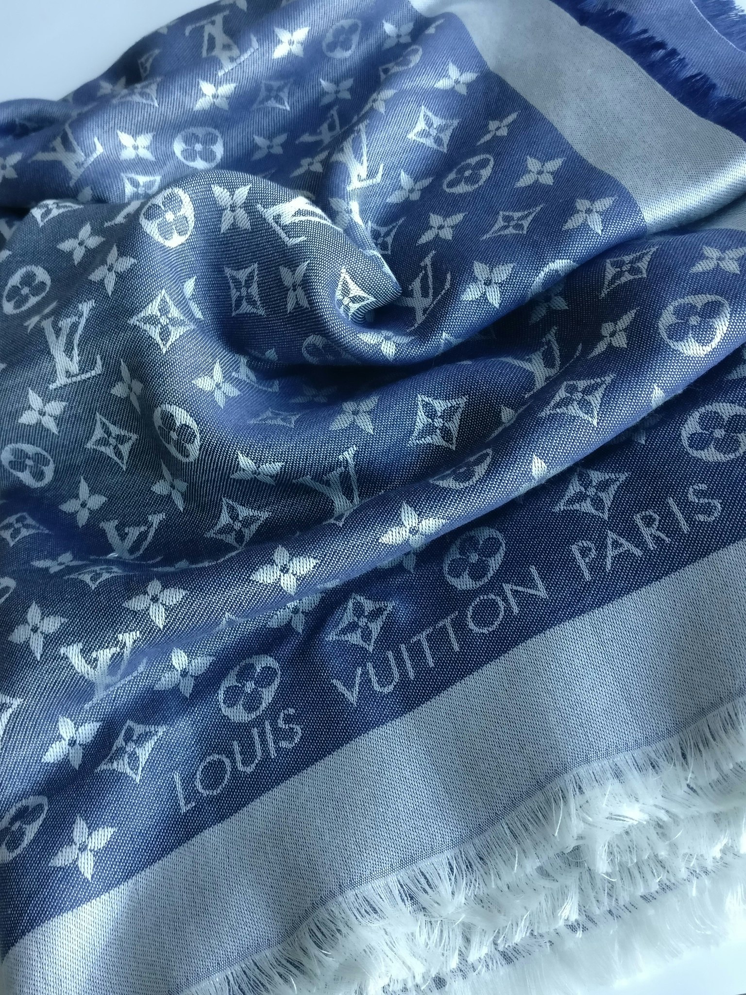 Louis Vuitton Monogram Denim Shawl Light Blue Silk