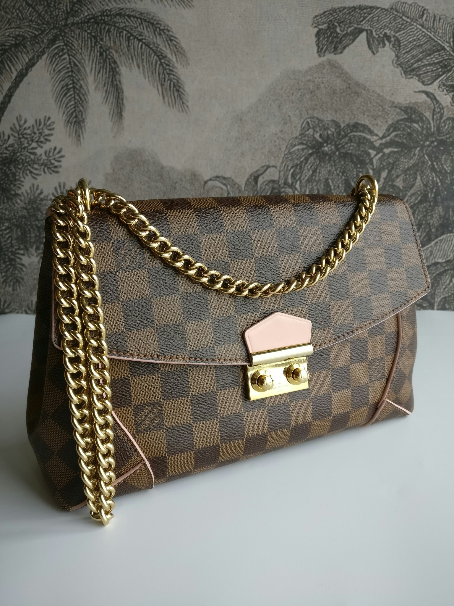 Louis Vuitton Damier Ebene Croisette Chain Wallet Rose Ballerine