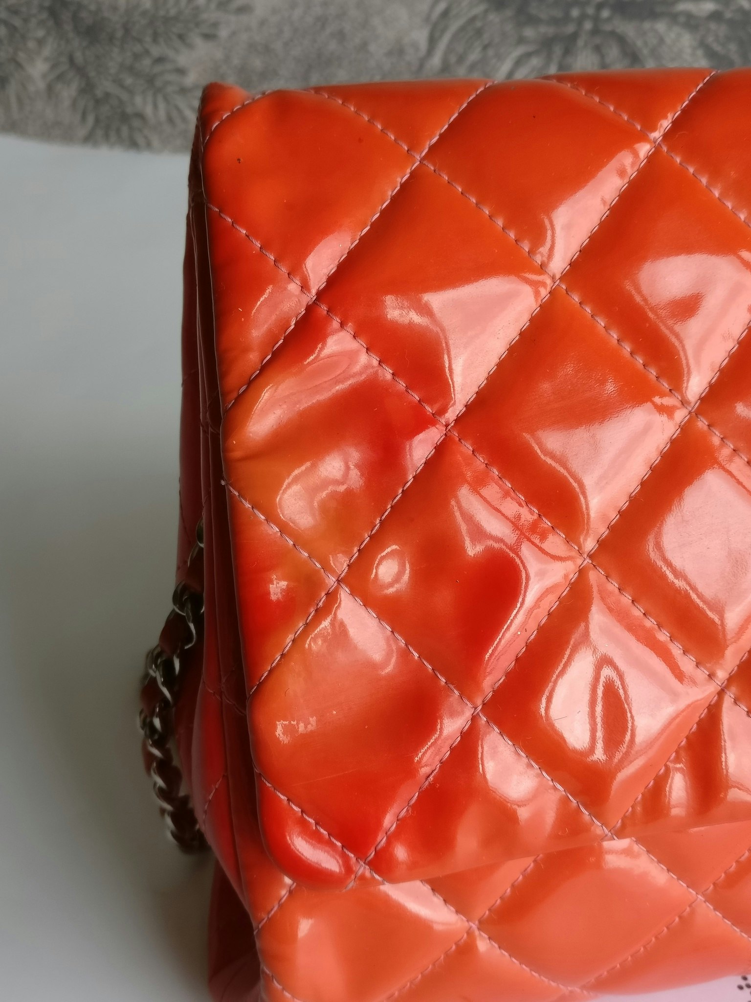 Chanel quilted red patent flap bag