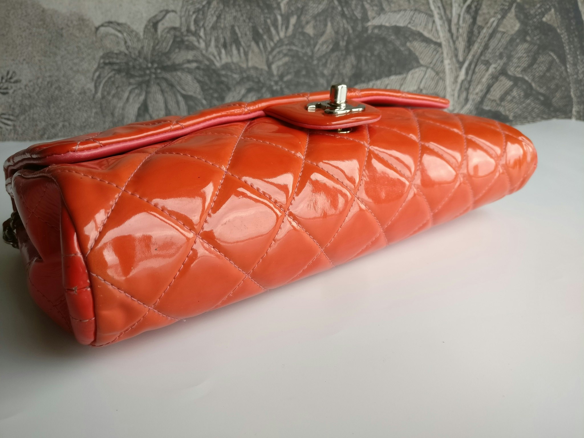Chanel quilted red patent flap bag