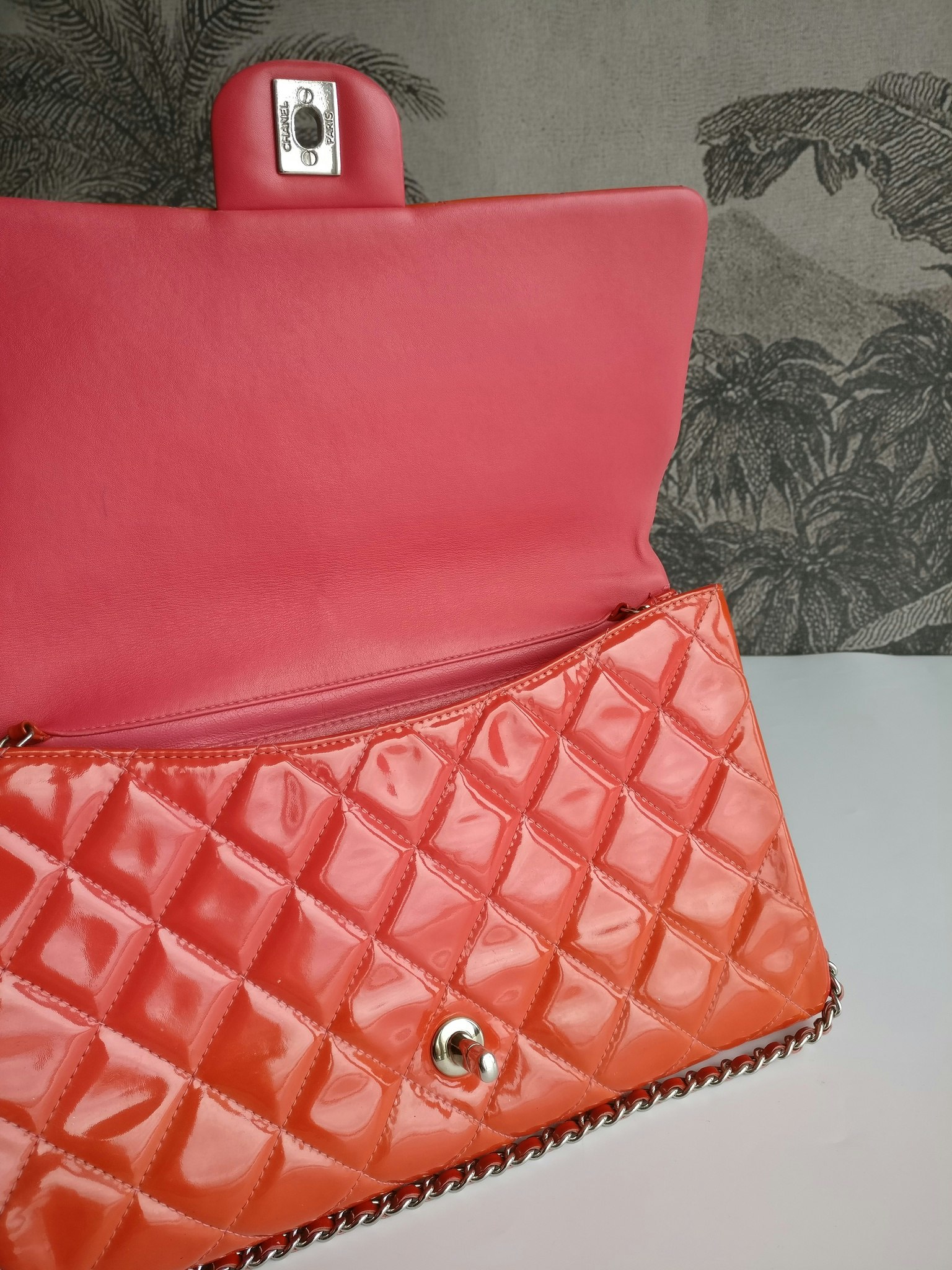 Chanel quilted red patent flap bag