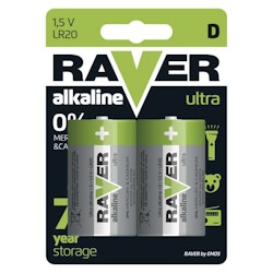 D-batterier / LR20 RAVER alkalisk, 2-pack