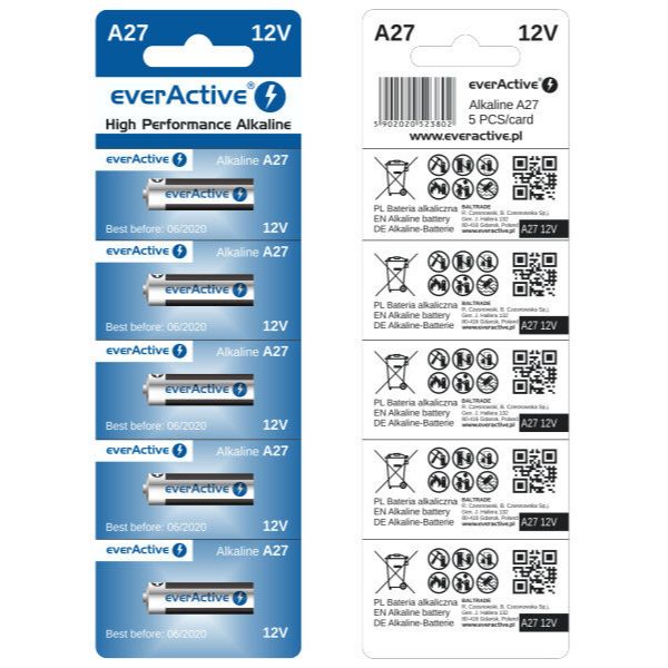 5 x everActive 27A 12V alkaliska batterier