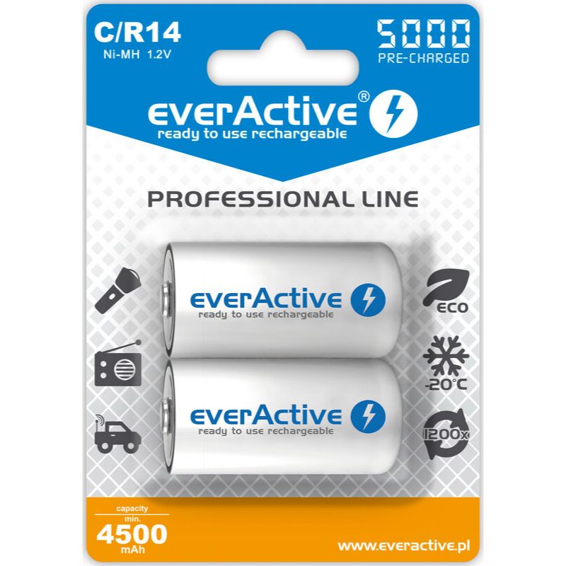 2x everActive R14 / C Ni-MH 5000 mAh uppladdningsbara batterier redo att användas